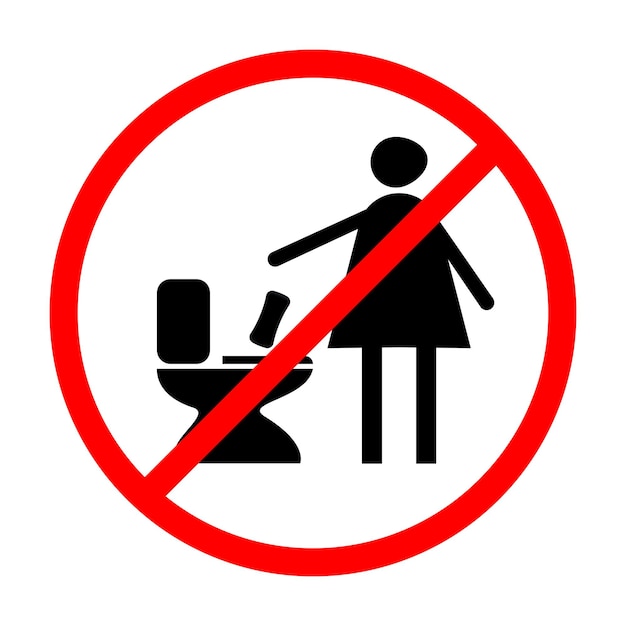 De vrouw gooit het maandverband in het toilet gooi geen afval in het toilet vector teken icon