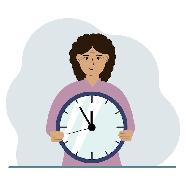 Vector de vrouw houdt een grote klok in zijn handen time management planning organisatie van werktijd effectieve zakelijke deadline