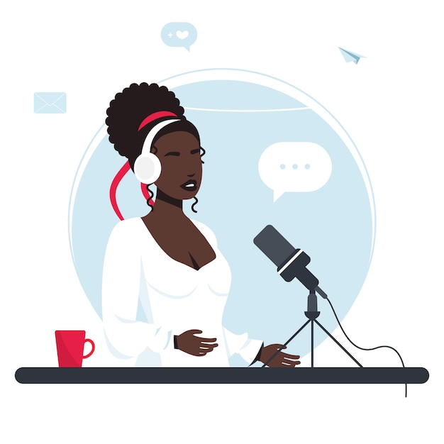 De vrouw neemt een podcast op. Meisje in koptelefoon praten in een microfoon. De radio-dj zendt online uit. Vrolijke radiopresentator die gast interviewt, massamedia-uitzendingen. Vector