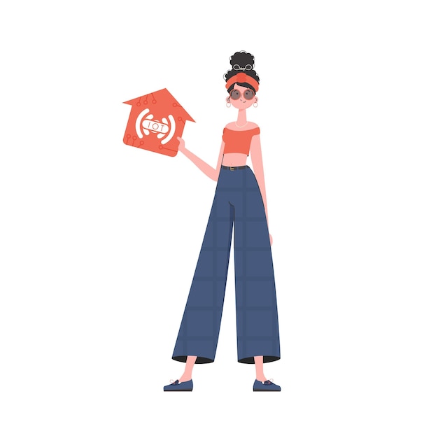 De vrouw wordt afgebeeld in volle groei met een icoon van een huis in haar handen IoT-concept Vectorillustratie in trendy platte stijl