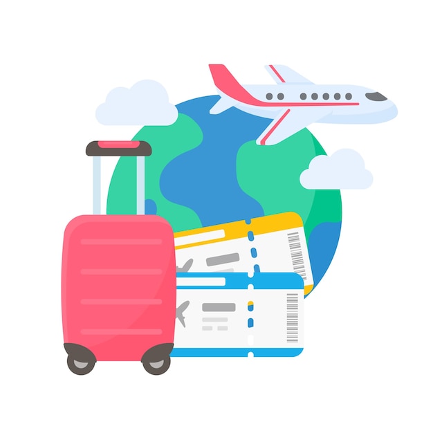 Vector de wereldkaart is vastgemaakt om reizen van internationale luchtvaartmaatschappijen te plannen met bagage en vliegtickets