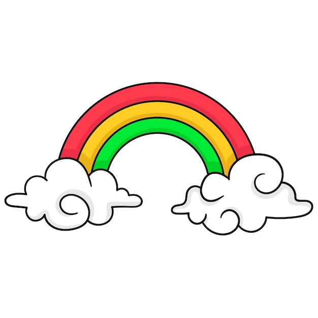 De wolken zijn versierd met prachtige regenbogen en kleuren. cartoon-emoticon. doodle pictogram tekening, vectorillustratie