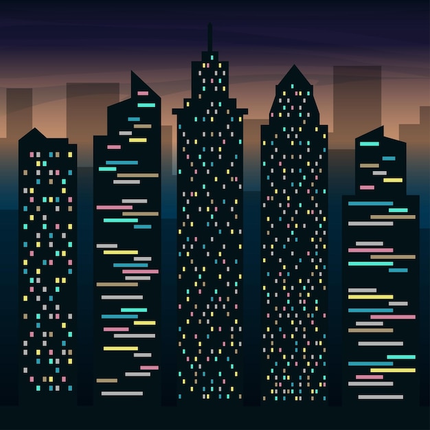 De wolkenkrabbers van de grote stad 's nachts Nacht stadslandschap Platte vectorillustratie