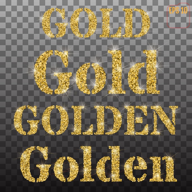 De woorden goud en gouden in hoofdletters en kleine letters van goudkleurig zand en confetti met glitter op een transparante achtergrond
