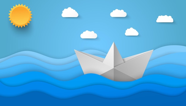 Vector de zeeillustratie van de origamistijl met document zonwolken en boot die op golven drijven.