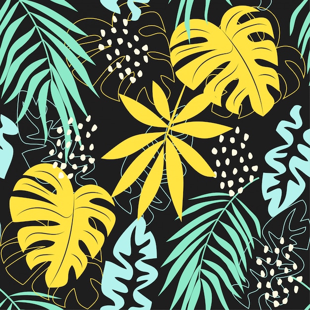 De zomer abstract naadloos patroon met kleurrijke tropische bladeren en planten op een grijze achtergrond