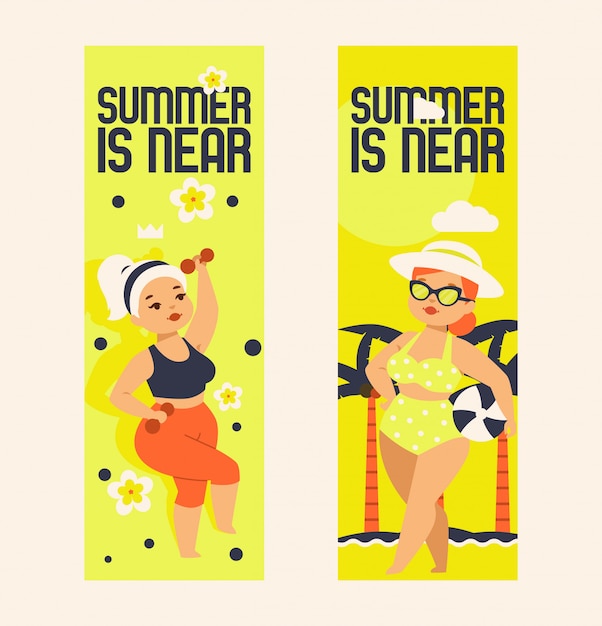 De zomer is dichtbij vastgestelde illustratie. Grote maten meisjes in sportkleding met halters en zwempak met bril, hoed en bal.