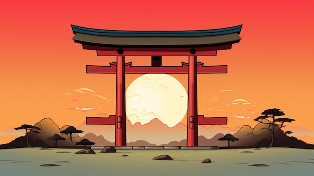 Vector de zon gaat onder over de torii poort.