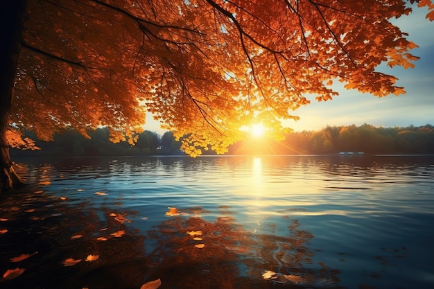 De zon gaat onder over een meer met bladeren op het water een heldere oranje zonsondergang schijnt over de