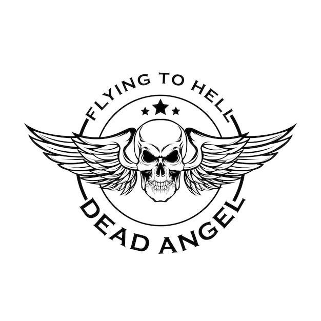 Dead angel skull illustration with wings in black and white color