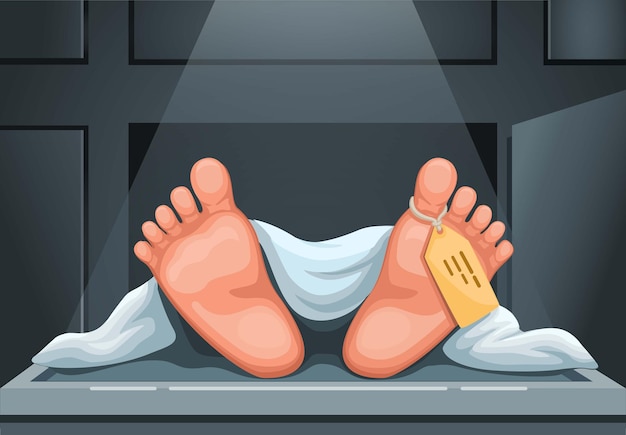 Vector dead body foot with tag in morgue criminal scene cartoon illustration vector