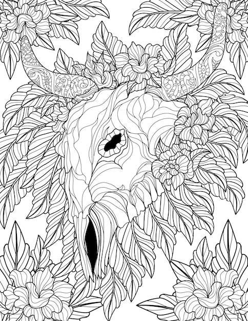 Dead bull skull with long horns surrounded with flowers line drawing for coloring book