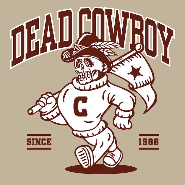 Vector dead cowboy skull mascot character design in sport vintage athletic style handgetekend vector design