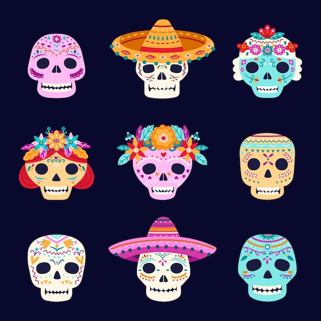 Vettore teschi del giorno morto. scheletro messicano, teschio con cappello sombrero latine. elementi spaventosi di halloween, volti di morte spettrali con set di vettori di fiori. illustrazione del teschio messicano, muertos colorati di halloween