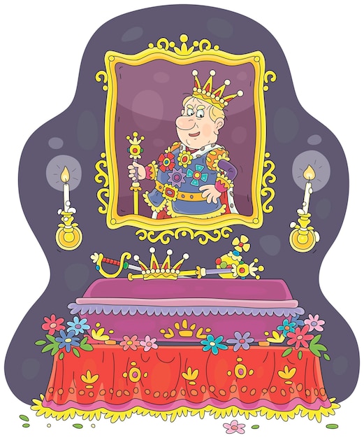 Vettore re morto sdraiato in una bara decorata con fiori sotto il suo grande ritratto formale in un palazzo reale