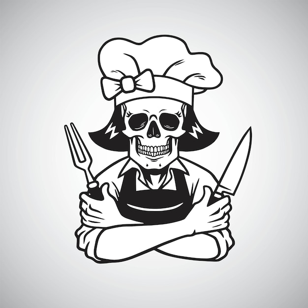 Dead Lady Skull Chef-logo grijnzend met vorkmes en hoed Vectortekening