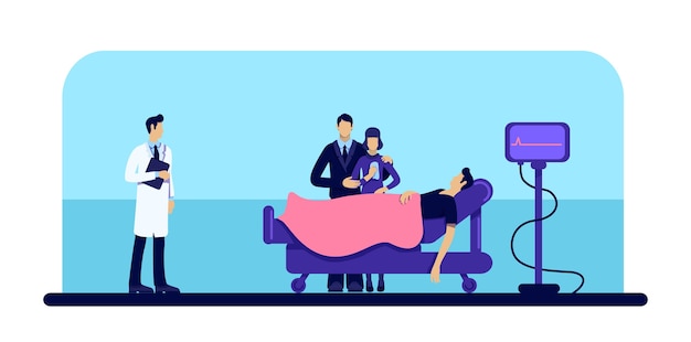 Dead man in hospital flat color . person loss. family grief. body in medical clinic. patient and doctor 2d cartoons character with wheeled bed and cardiogram monitor on background