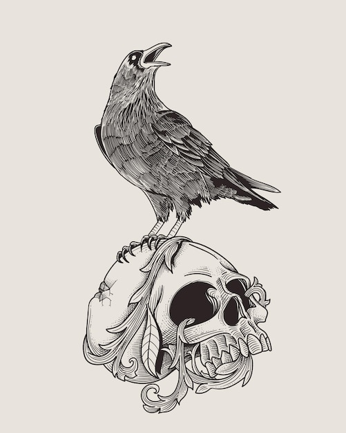 Vector dead skull with standing raven