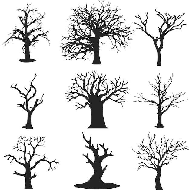 Siluette dell'albero morto che muoiono nero spaventoso alberi foresta illustrazione naturale vecchio albero morente del set