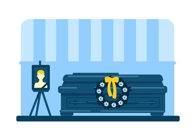 Dead young man coffin and photo flat color . funeral ceremony. ritual service. home room 2d cartoon interior with deceased male picture and flowers wreath on background