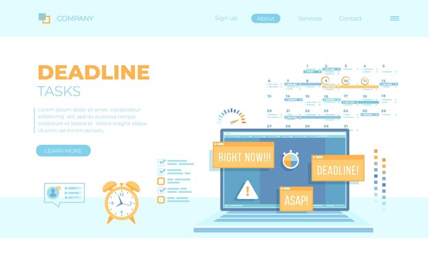 Vector deadline asap time limit and control laptop with notifications messages on the screen alarm clo