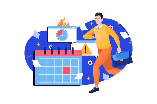 Vector deadline blue concept with people scene in the flat cartoon design employee is in a hurry