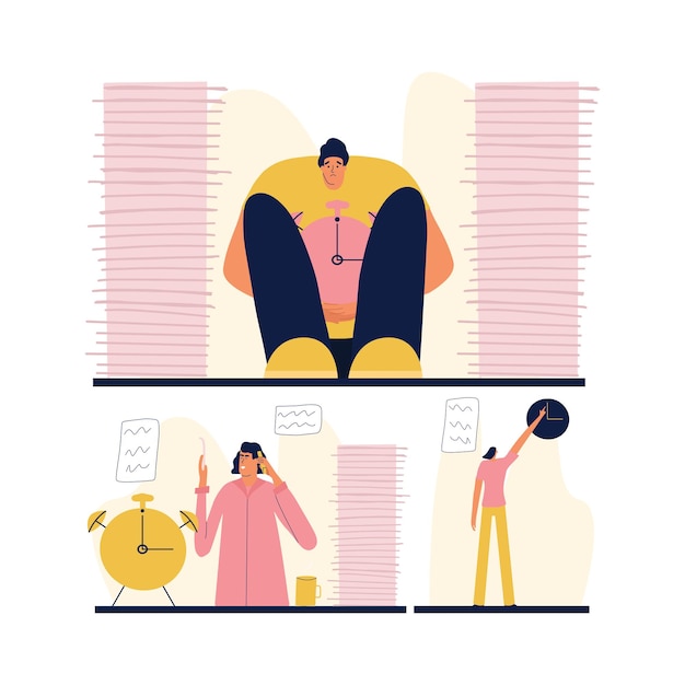 Deadline concept man and women are stressed at work vector illustration in flat style