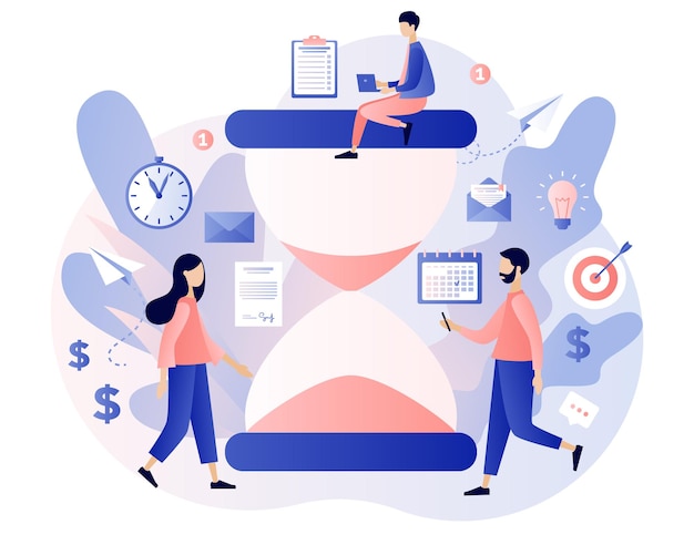 Deadline concept time management and productivity tiny people organize workflow hourglass as time