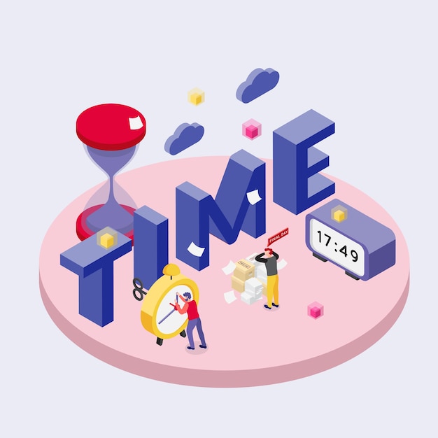 Vector deadline isometric illustration with time text and alarm clocks with little human characters