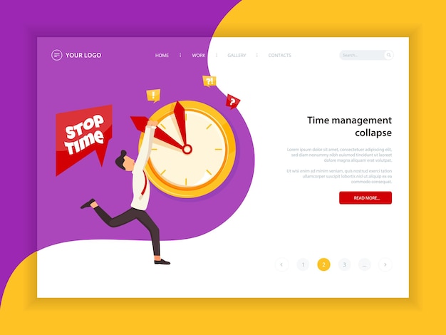 Vector deadline landing page with interface elements of web site manager and running worker in stress