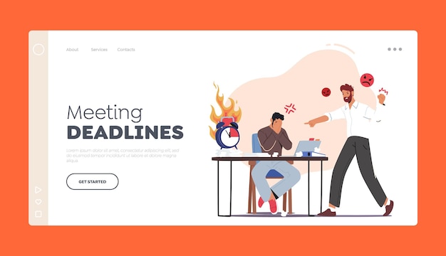 Deadline in Office Landing Page Template Angry Boss Character Yell at Office Employee Worker Sitting at Desk with Pc