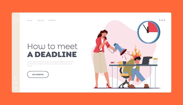 Vector deadline in office landing page template angry furious boss female character yelling at male employee worker in stress