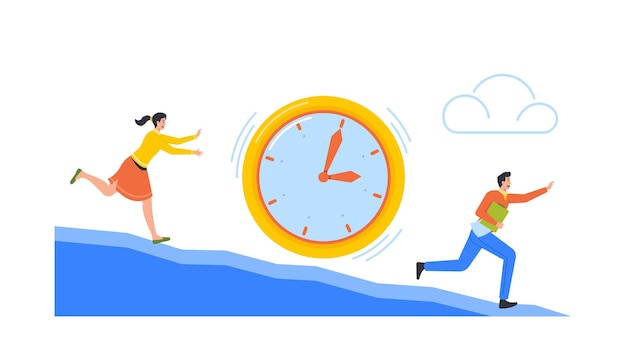 Vector deadline stress working productivity concept business characters with documents trying to escape from huge clock