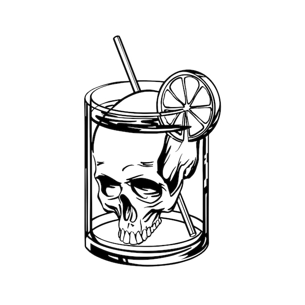 Смертельный коктейль с черепом в бокале - линейный стиль. иллюстрация.