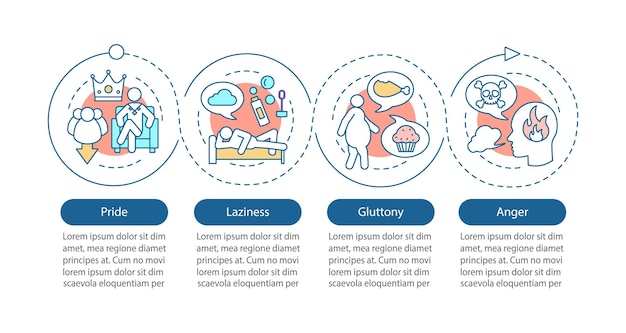 Vettore modello di infografica vettoriale peccati capitali orgoglio pigrizia gola rabbia visualizzazione dei dati con cinque passaggi e opzioni grafico della sequenza temporale del processo layout del flusso di lavoro