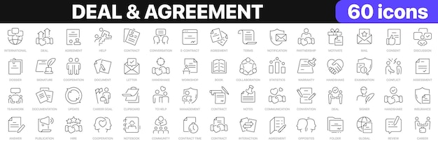 Deal and agreement line icons collection Handshake teamwork business communication collaboration icons UI icon set Thin outline icons pack Vector illustration EPS10