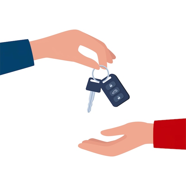 Dealer hand giving keys chain to a buyer hand Buying or renting a car Vector illustration