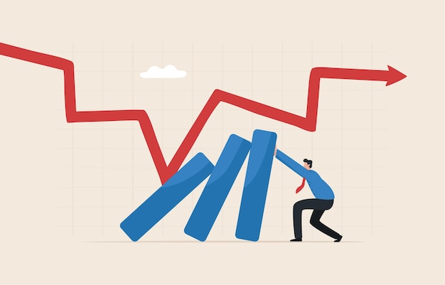 Dealing investment risks stock market crash economic recession from high inflation lost capital businessman trying to prevent the bar chart from falling down