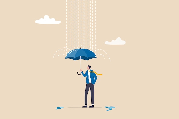 不運の問題やうつ病に対処することは、ビジネスミスのエラーや経済不況のセキュリティや保険のコンセプトから保護し、雨嵐から保護するために傘を持つ自信のあるビジネスマン