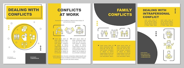 Dealing with conflicts yellow brochure template. relations issues. flyer, booklet, leaflet print, cover design with linear icons. vector layouts for presentation, annual reports, advertisement pages