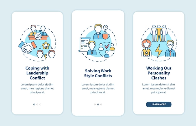 dealing with team conflicts onboarding mobile app page screen. work relations walkthrough 3 steps graphic instructions with concepts. ui, ux, gui vector template with linear color illustrations