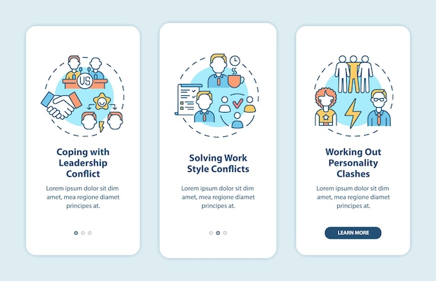 Dealing with team conflicts onboarding mobile app page screen. Work relations walkthrough 3 steps graphic instructions with concepts. UI, UX, GUI vector template with linear color illustrations