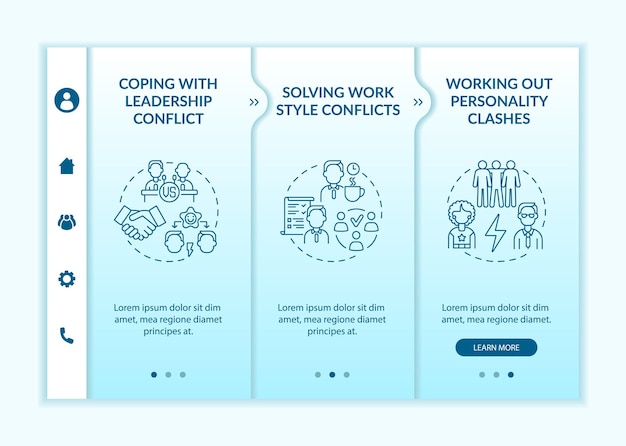 dealing with team conflicts onboarding vector template. responsive mobile website with icons. web page walkthrough 3 step screens. communication color concept with linear illustrations