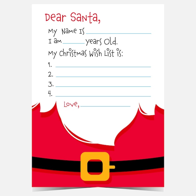 Dear Santa Christmas letter template or postcard with Christmas wish list.