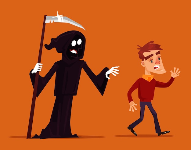 Death character chasing running after scary man mascot. flat cartoon illustration