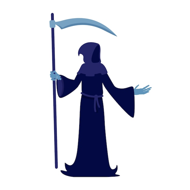 Death with scythe semi flat color vector character Full body person on white Fictional personage wearing black hooded cloak Simple cartoon style illustration for web graphic design and animation