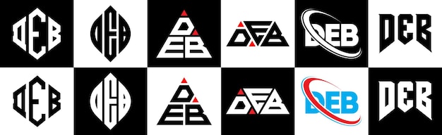 6개의 스타일의 DEB 문자 로고 디자인 DEB 다각형 원 삼각형 육각형 평평하고 간단한 스타일의 검은색과  ⁇ 색 색상 변형 문자 로고가 하나의 아트보드에 설정되어 있습니다 DEB 미니멀리즘과 클래식 로고