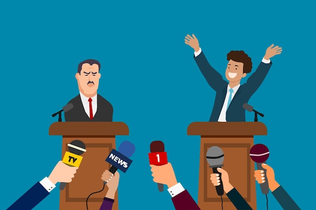 Debatconcept Presidentskandidaat op het podium Politieke toespraak Presidentiële verkiezingen Journalist of persmedia handen met microfoons