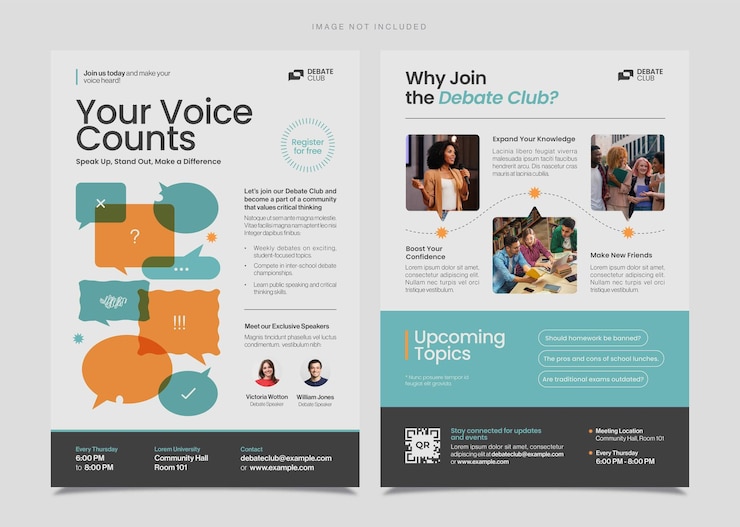 Vector debate club flyer template school college university lecture discussion in vector eps