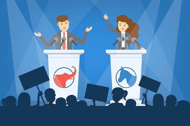 Vector debate concept. candidate for president at the tribune. political speech. presidential election.   illustration in cartoon style